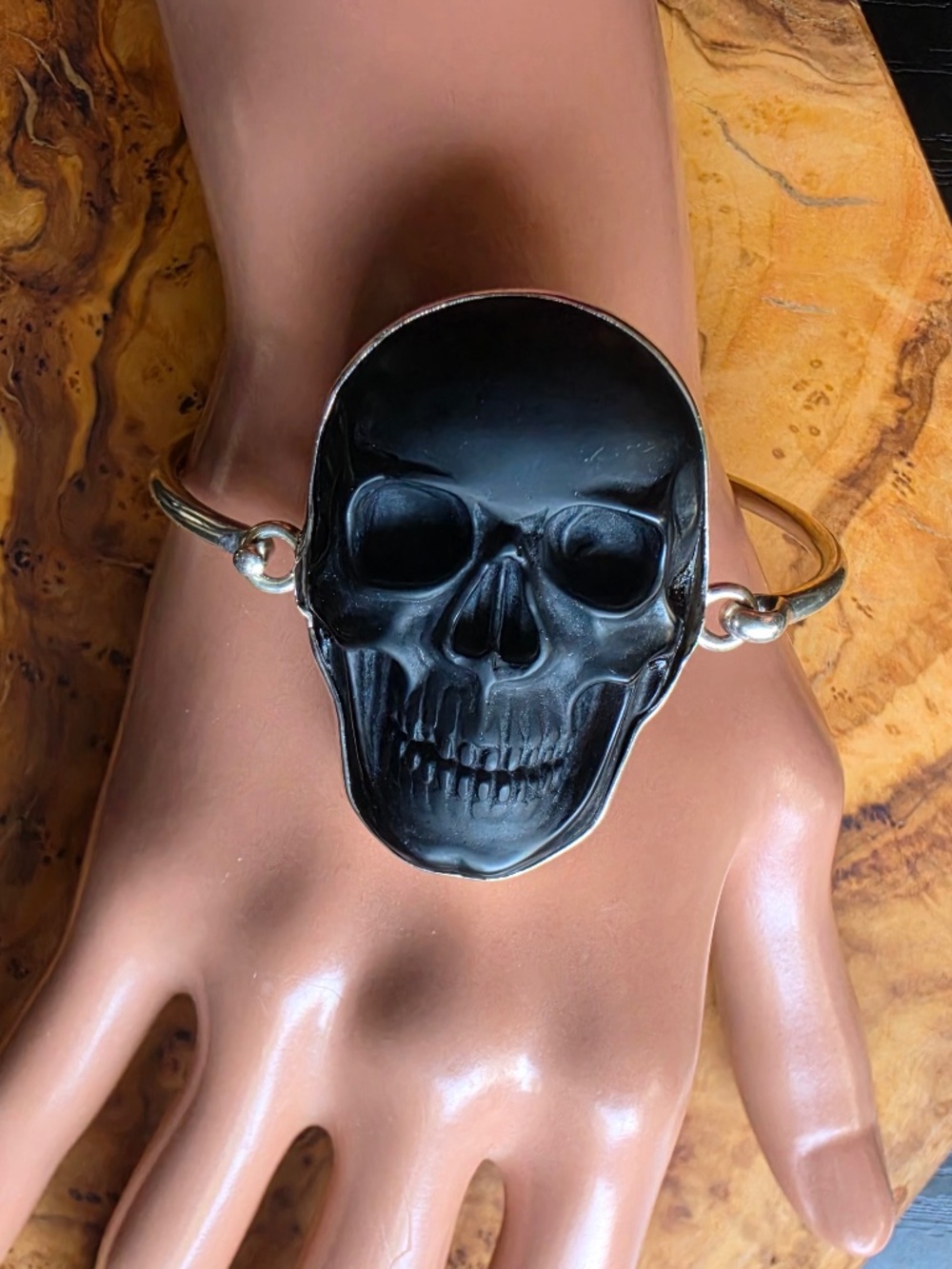 Obsidian & Fine Silver Skull Bangle